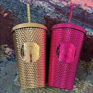 Starbucks Limited Edition Metallic Chrome Set 2 Tumblers Gold & Pink NEW